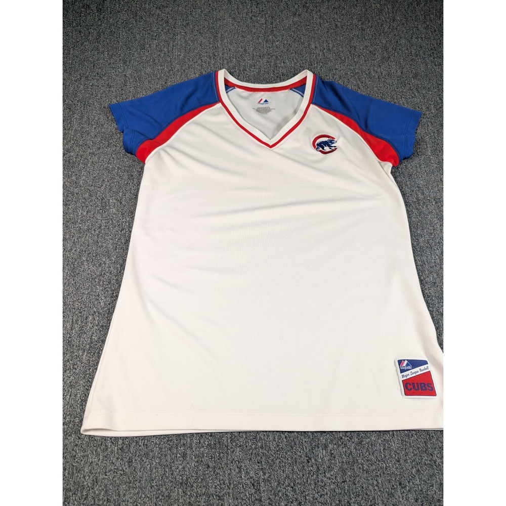 Vintage Majestic Chicago Cubs MLB Women XL White Blue Red V-Neck Short Sleeve